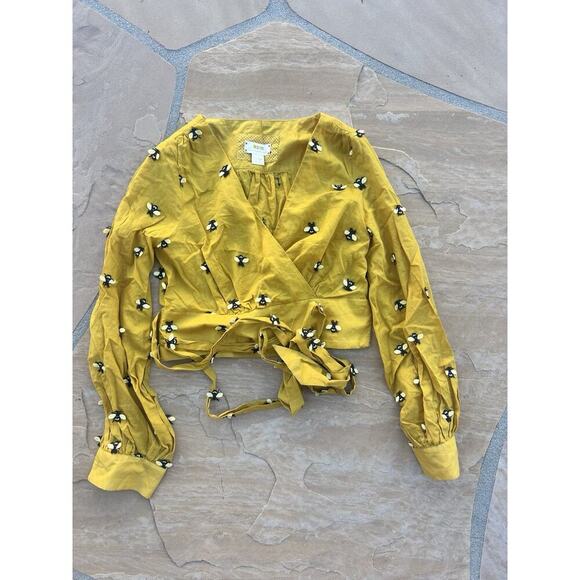 Maeve x Anthropologie Long Sleeve 3D Bee 2 Yellow Black Wrap Crop LH - Picture 2 of 3